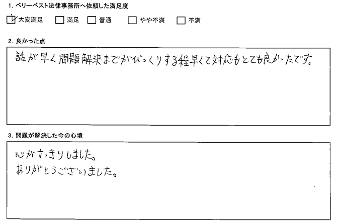 話が早く問題解決までがびっくりする程早くて対応もとても良かったです